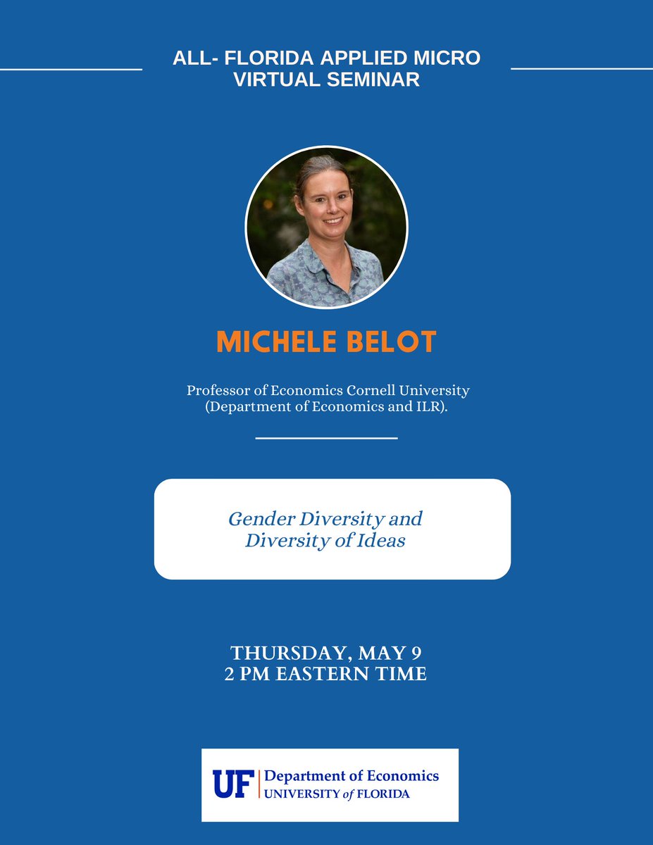Pleased to welcome @BelotMichele to our last Micro virtual seminar of the semester! Join us as she shares insights from her co-authored paper ‘Gender Diversity and Diversity of Ideas’ #MicroVirtualSeminar #GenderDiversity #EconTwitter 
DM to receive the Zoom access link.