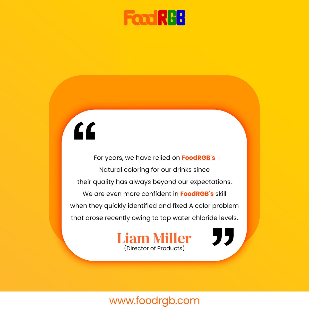FoodRgb's tweet image. FoodRGB's color magic shines again! 🎨 

Hear Liam Miller, Product Director, praise their swift fix for water-related color problems, reaffirming our trust! 🌟 

Check out: foodrgb.com

#naturalfoodcolor #foodrgb #happyclient #foodcolor
