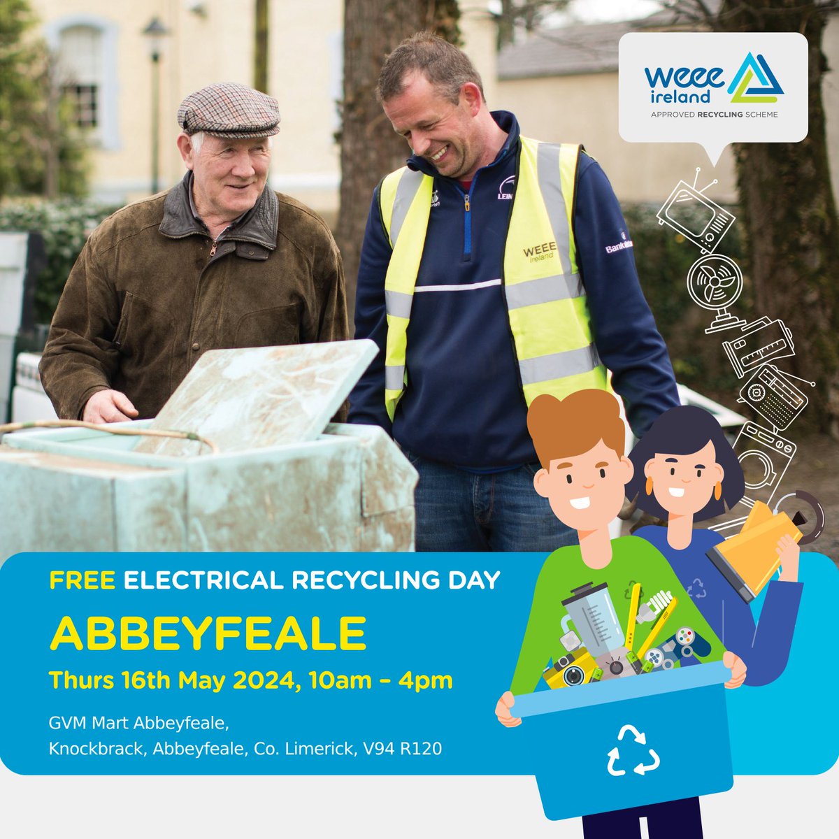 Your next FREE collection for WEEE items is in Abbeyfeale, County Limerick at the GVM Mart Abbeyfeale on Thurs, May 16th, 2024 from 10am - 4pm! ♻️ WEEE recycle anything from your household with a plug or battery! weeeireland.ie/household-recy… @limerickcouncil @limerickenviron