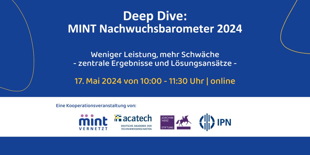 acatech (@acatech_de) on Twitter photo 👨🔬 👩💻 Wie steht es um den #MINT-Nachwuchs in Deutschland? Das untersucht das #MINTNachwuchsbarometer 2024 von acatech, <a href="/IPN_Kiel/">IPN</a> & Joachim Herz Stiftung. Im Deep Dive am 17.5. mit <a href="/mintvernetzt/">MINTvernetzt</a> werden Ergebnisse & Lösungsansätze diskutiert.
Anmeldung 👉 community.mint-vernetzt.de/event/deepdive… 👨🔬 👩💻 Wie steht es um den #MINT-Nachwuchs in Deutschland? Das untersucht das #MINTNachwuchsbarometer 2024 von acatech, <a href="/IPN_Kiel/">IPN</a> & Joachim Herz Stiftung. Im Deep Dive am 17.5. mit <a href="/mintvernetzt/">MINTvernetzt</a> werden Ergebnisse & Lösungsansätze diskutiert.
Anmeldung 👉 community.mint-vernetzt.de/event/deepdive…