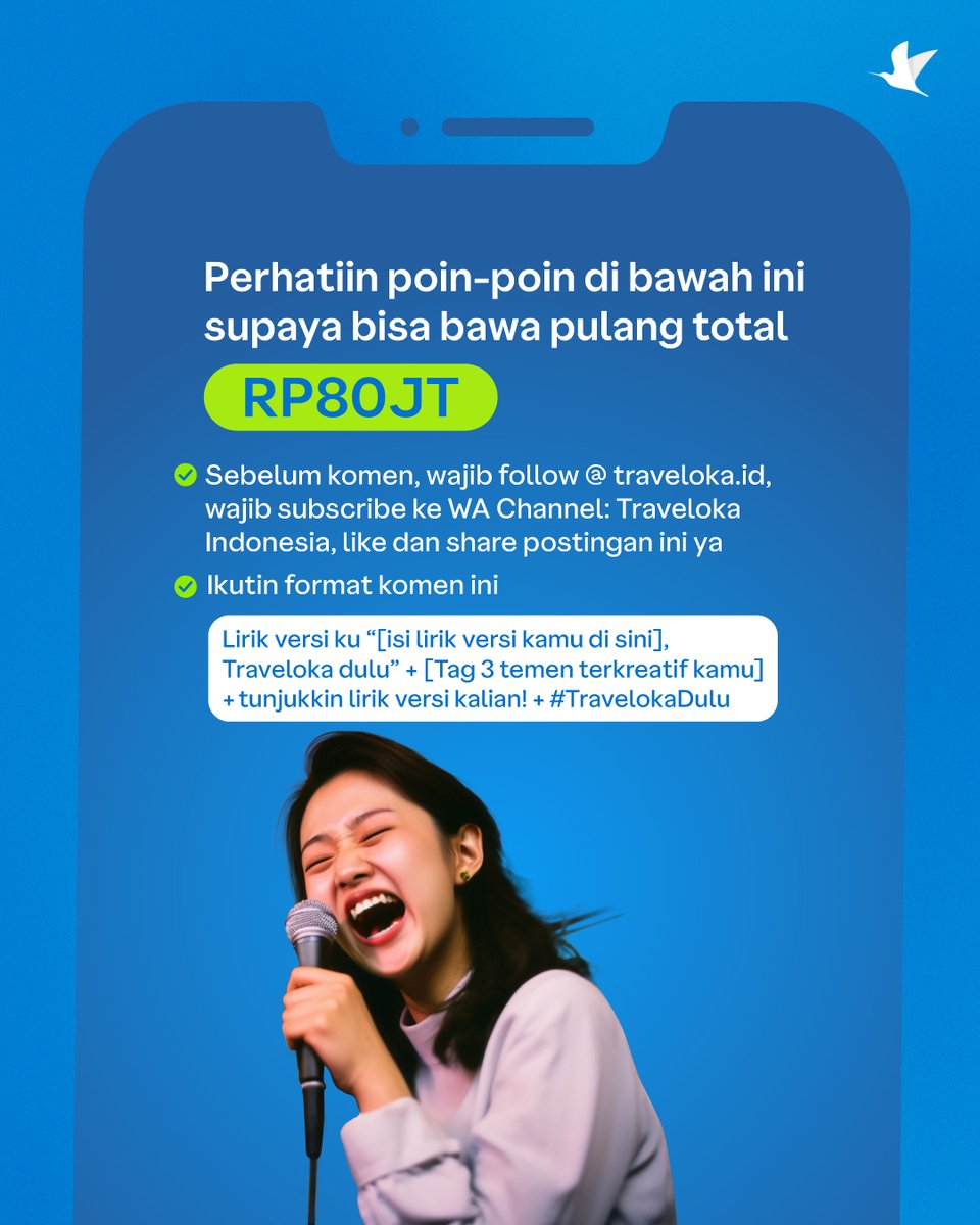 80 JUTA MENANTIMU~🫵🏻🎶

Mimin mau bikin lagu bareng kamu nih..
Yuk ikutan Giveaway Sumbang Lirik di bawah, tinggal lanjutin liriknya sekreatif mungkin! Mau dikombinasiin sama travel wishlist kamu juga bowleee😁 

Goodluck, bestie! <3