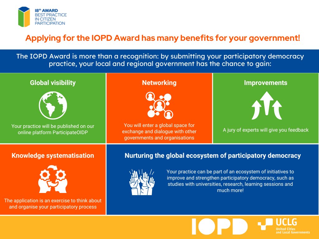 📢Only 7 days left to apply for the 18th #IOPDAward!🚨 ✨Submit your best practices in #CitizenParticipation and become part of the global ecosystem to strengthen democracy hand in hand with local communities🌎🙌🏾 🗓️Deadline: 15 May How to apply?👉🏾oidp.net/distinction/en/