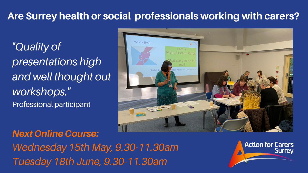 Are you a Surrey health or social care professional? We run a FREE online training course to help you understand the challenges carers face & keep you up to date on best practices - 15 May, 9:30am - 11:30am ow.ly/f0kq50R27xi @surreyheartland @PTHospice @FountainCentre
