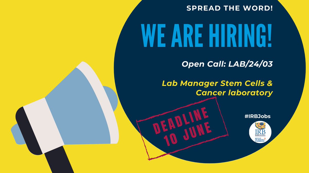 📢 We are #hiring a Lab Manager for our Stem Cells & Cancer group (@AznarLab)!  

Apply here ➡️shorturl.at/enQ34 

#IRBJobs #Jobs #ScienceJobs #LabManager

@icreacommunity @iCERCA @_BIST @SOMM_alliance @PCB_UB
