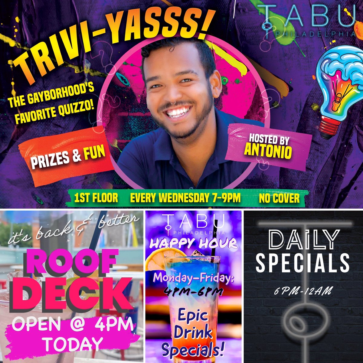 254south12th's tweet photo. Open 4PM-2AM! Free Pool All Night! Happy Hour 4-6PM! Daily Specials with $5 Drafts & $6 Wells 6PM-12AM! Roof Deck opens @ 4PM! Trivia with Antonio 7-9PM on the 1st floor, no cover! #happyhour #trivia #sportsbar #gamenights #phillynightlife #roofdeck https://t.co/uAEGSgaRnx