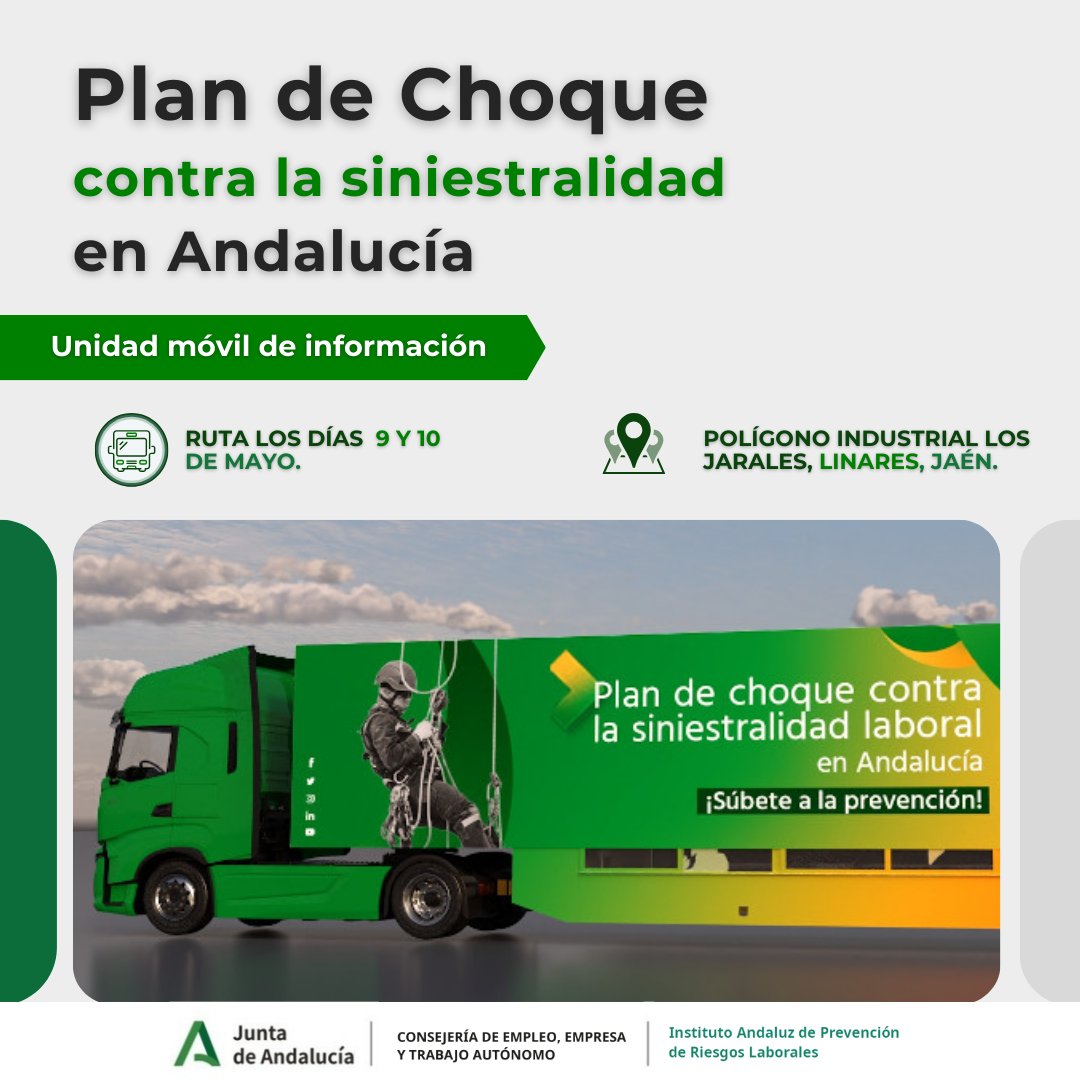 📢🚚 La Unidad Móvil del Plan de Choque contra la siniestralidad laboral en Andalucía, estará los días 9 y 10 de mayo en el polígono industrial Los Jarales de Linares (Jaén).  Más información: bit.ly/49V1VOj #IAPRL #PRL #SeguridadLaboral