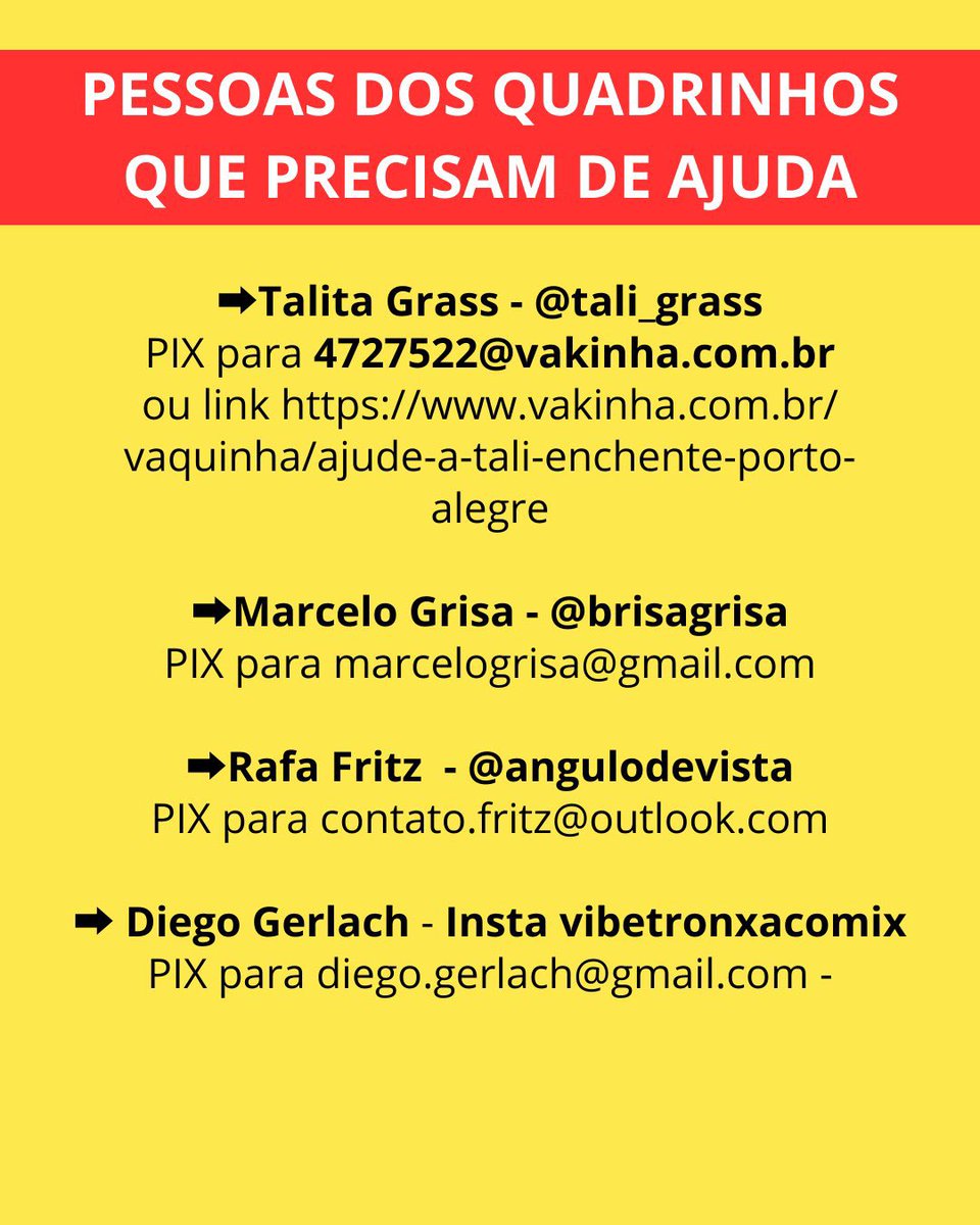 Oi gente, quem puder ajudar: 

Talita Grass (@tali_grass)
Pix 4727522@vakinha.com.br

Marcelo Grisa (@brisagrisa)
Pix marcelogrisa@gmail.com

Rafa Fritz (@angulodevista)
Pix contato.fritz@outlook.com

Diego Gerlach - Instagram: vibetronxacomix
Pix diego.gerlach@gmail.com