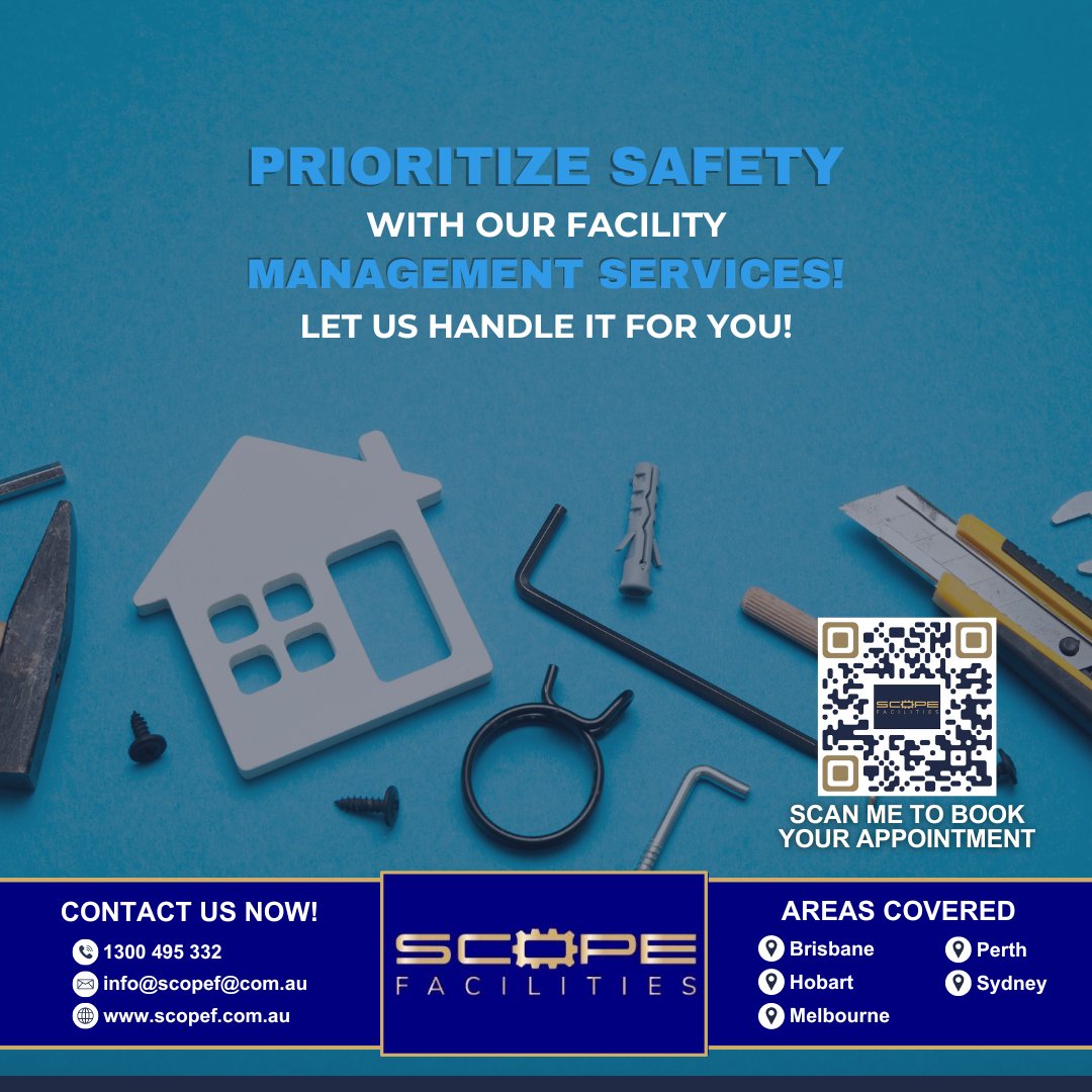 Our facilities management upholds the best safety standards for your peace of mind!

#ScopeFacilities #FacilitiesManagement #PropertyMaintenanceInAustralia #PropertyManagement #GardeningServices #Maintenance #ElectriciansinAustralia #GardenersinAustralia #PlumbersinAustralia