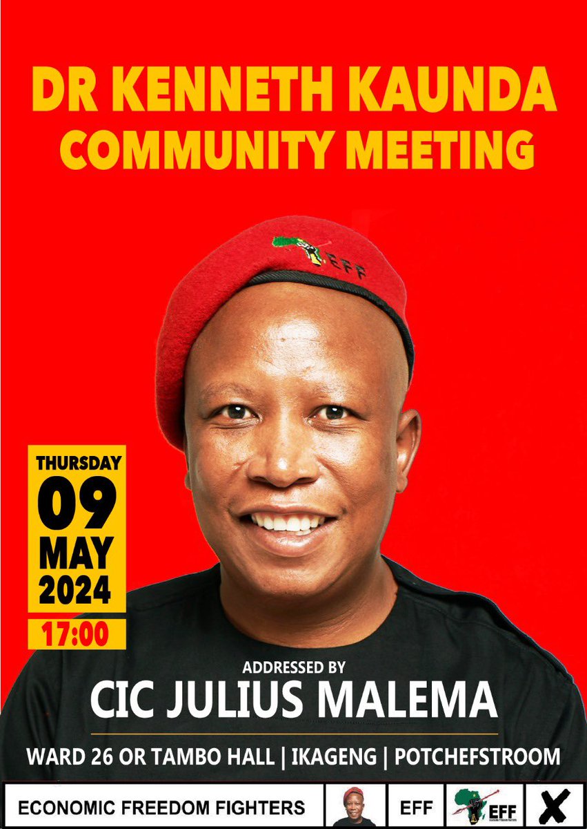 ♦️Do Not Miss It♦️ President @Julius_S_Malema will convene community meetings in North West. Our quest for Land and Jobs Now, Stop Loadshedding, is a commitment well within our capacity to deliver. #EFFCommunityMeetings