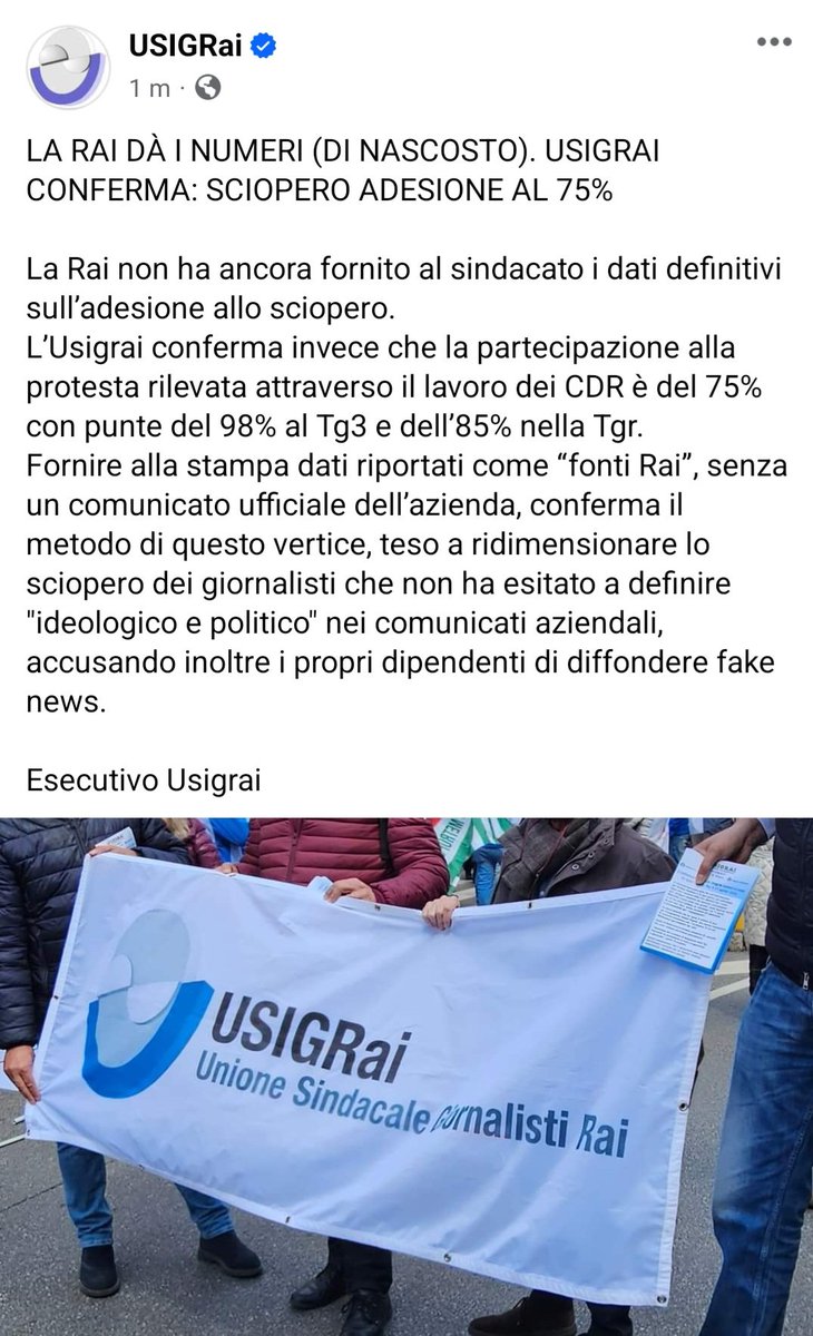 La# Rai dà i numeri (di nascosto). Usigrai conferma: adesione allo sciopero al 75% e denuncia i metodi di questo vertice, tesi a ridimensionare lo sciopero dei giornalisti.