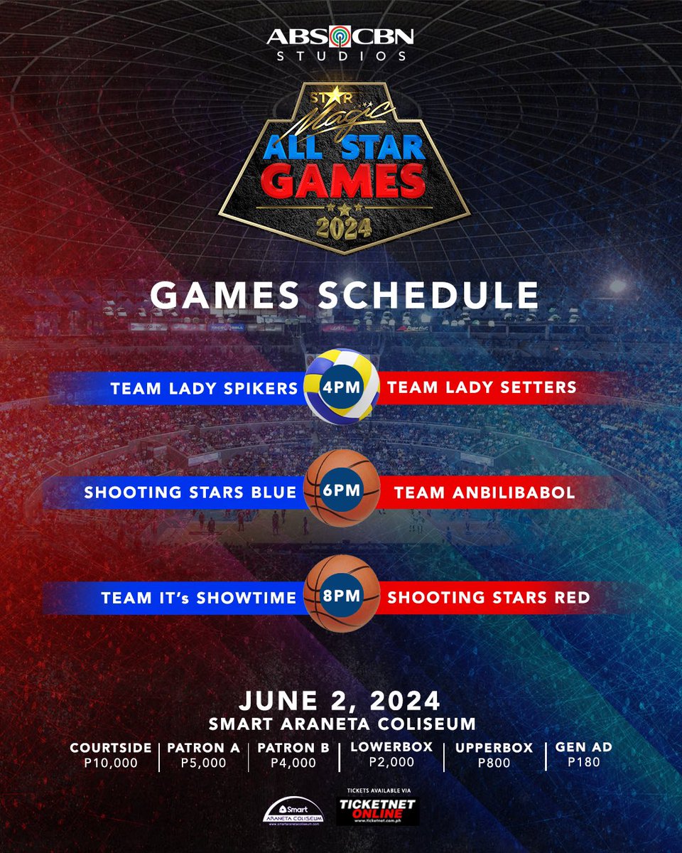 🏀 It’s Showtime vs Team Red 🏀 Cong’s Anbilibabol Team vs. Team Blue 🏐 Lady Spikers vs. Lady Setters Watch the #StarMagicAllStarGames2024 on June 2 at the Araneta Coliseum—TICKETS NOW AVAILABLE!