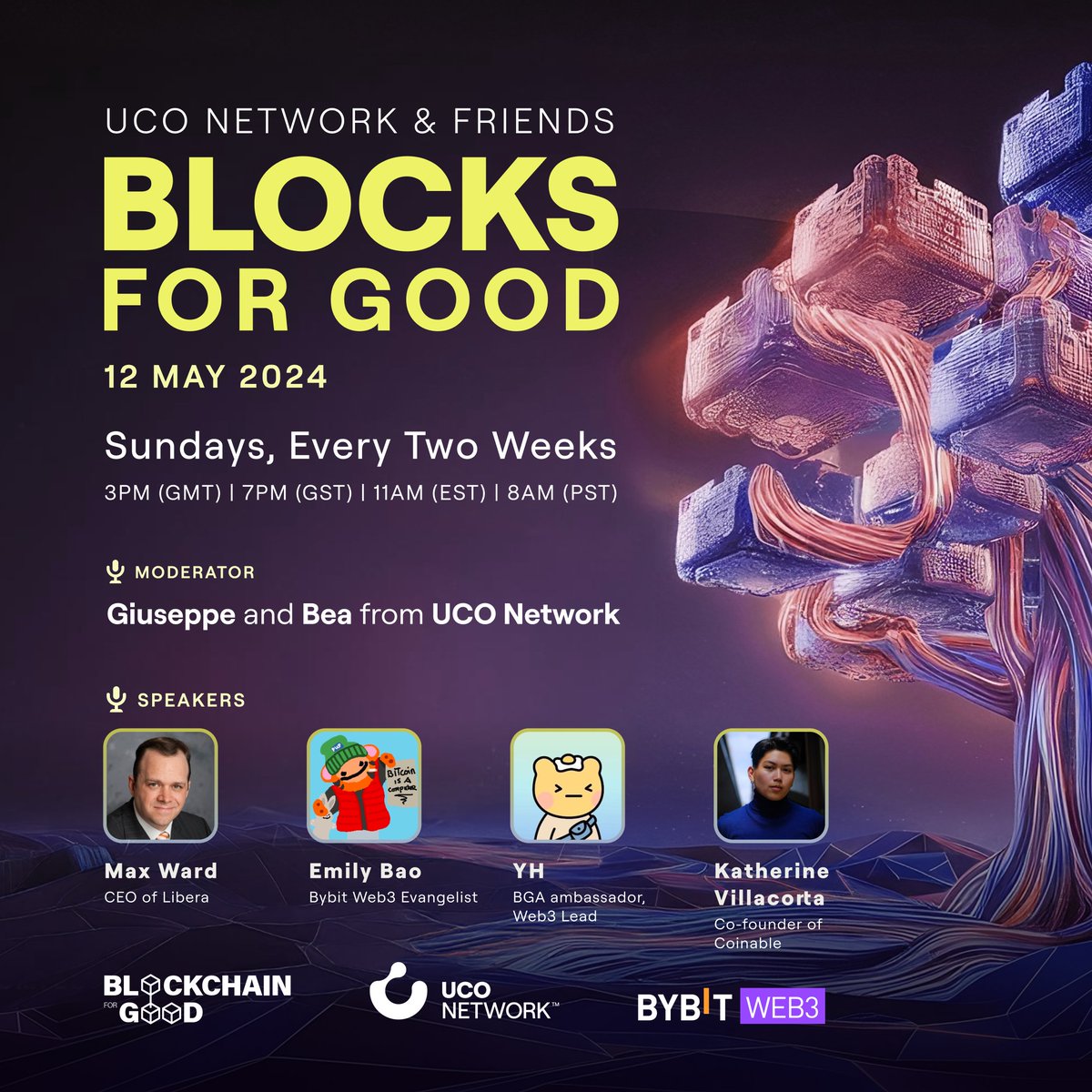 This Sunday the 12th we're back with: 🌿 BLOCKS FOR GOOD - to debate all-things blockchain and sustainability! On this third episode, we're tackling the theme Collaborating in Web3 with an incredible guest panel moderated by yours truly, the UCO Network team. Set your reminders