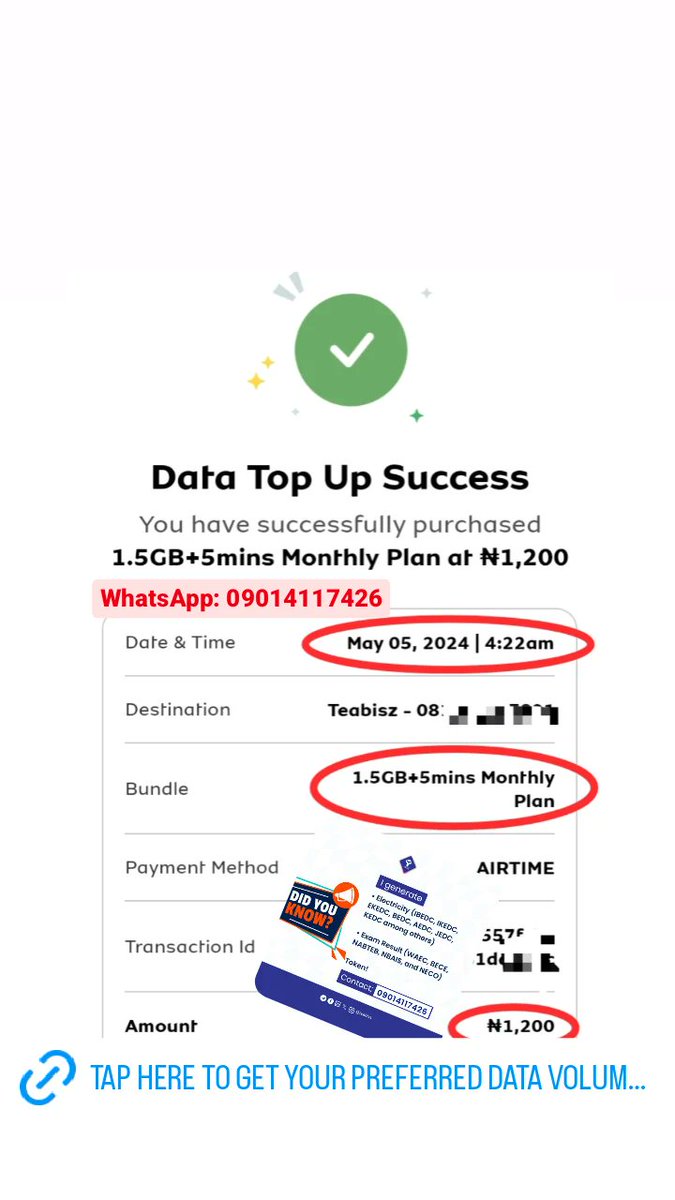 teabisz's tweet image. ✅ Send me a DM or ⤵️

✅ wa.me/2349014117426

I&apos;ll do you well, just come...

God bless FRN! 🇳🇬

.
.

#Teabisz #DataBundle #DataPlan #DataSub #GiveAway #CashDisburse #InstantDelivery #CyberSecurityLevy #MTN #Glo