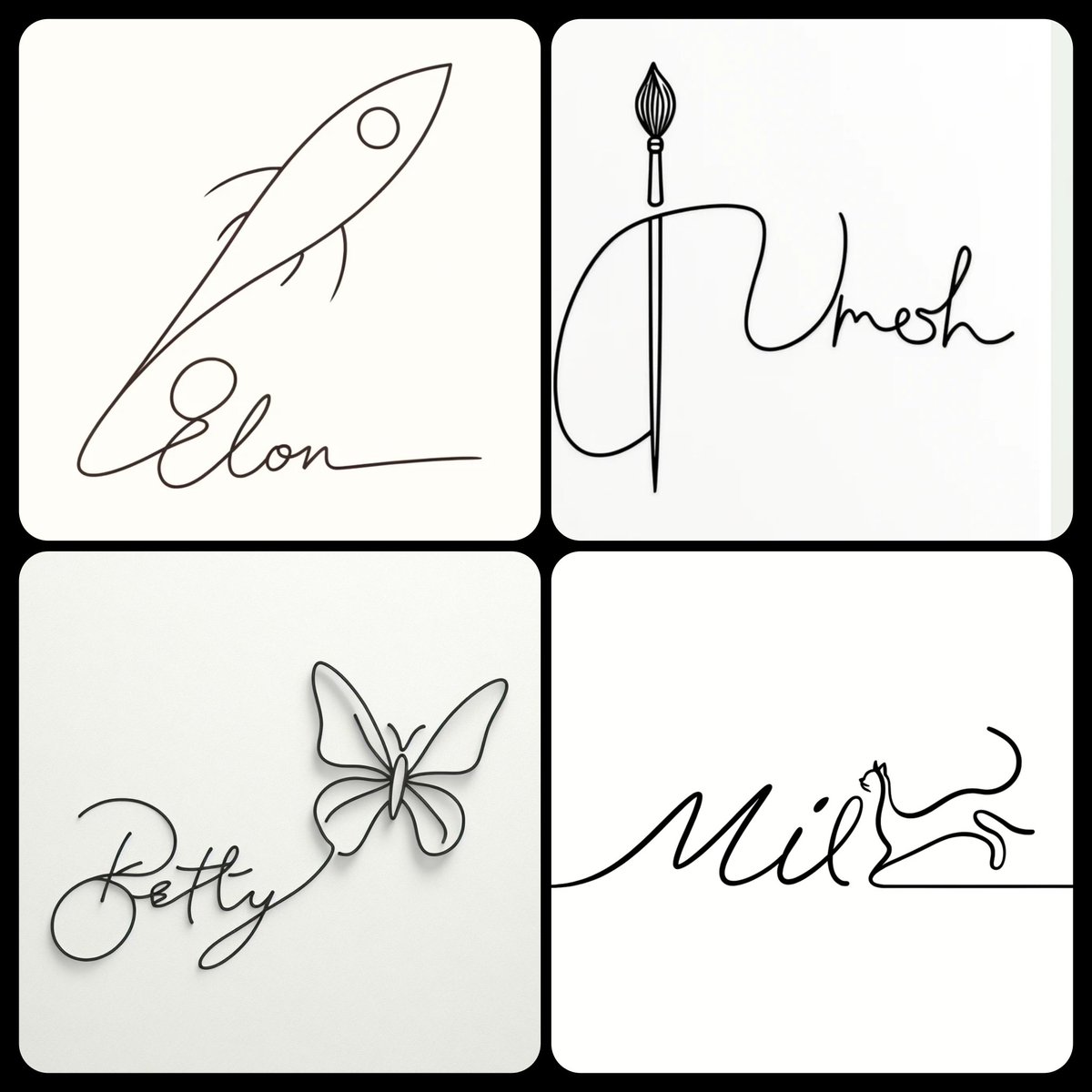 Turn your signatures into stylized versions with an object you like!

Prompt: minimalist, single-line drawing where the outline of a simple basic [OBJECT] shape  continuing into a signature, prominently spelling out '[NAME]'. It should be clear, legible, and stylish on a white