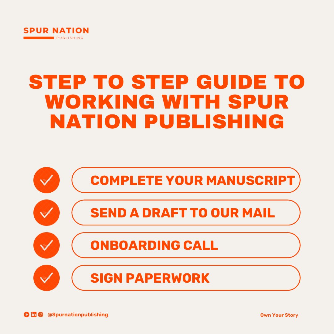 In 4 simple steps you are in your way to becoming a published author. Take the second step today. 

Send a mail to spurnationpublishing@gmail.com to get started 

#SpurNationPublishing #OwnYourStory