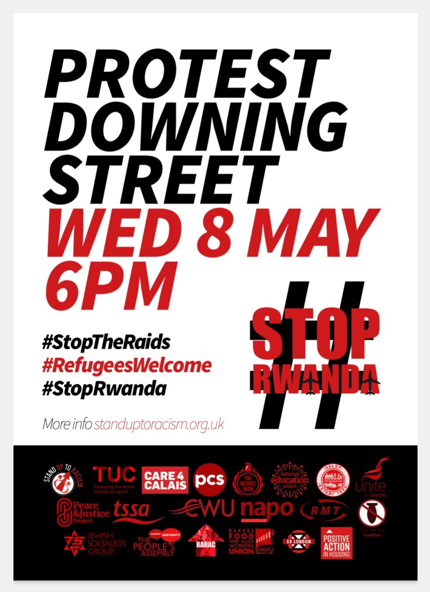 Let's tell Sunak and the Tories - #StopRwanda shock detention raids #RwandaNotInOurName Join the X/Twitterstorm happening now 11am - 12 noon 📢 Join tonight's protest at Downing Street #StopDeportations #StopRwandaFlights #RefugeesWelcome