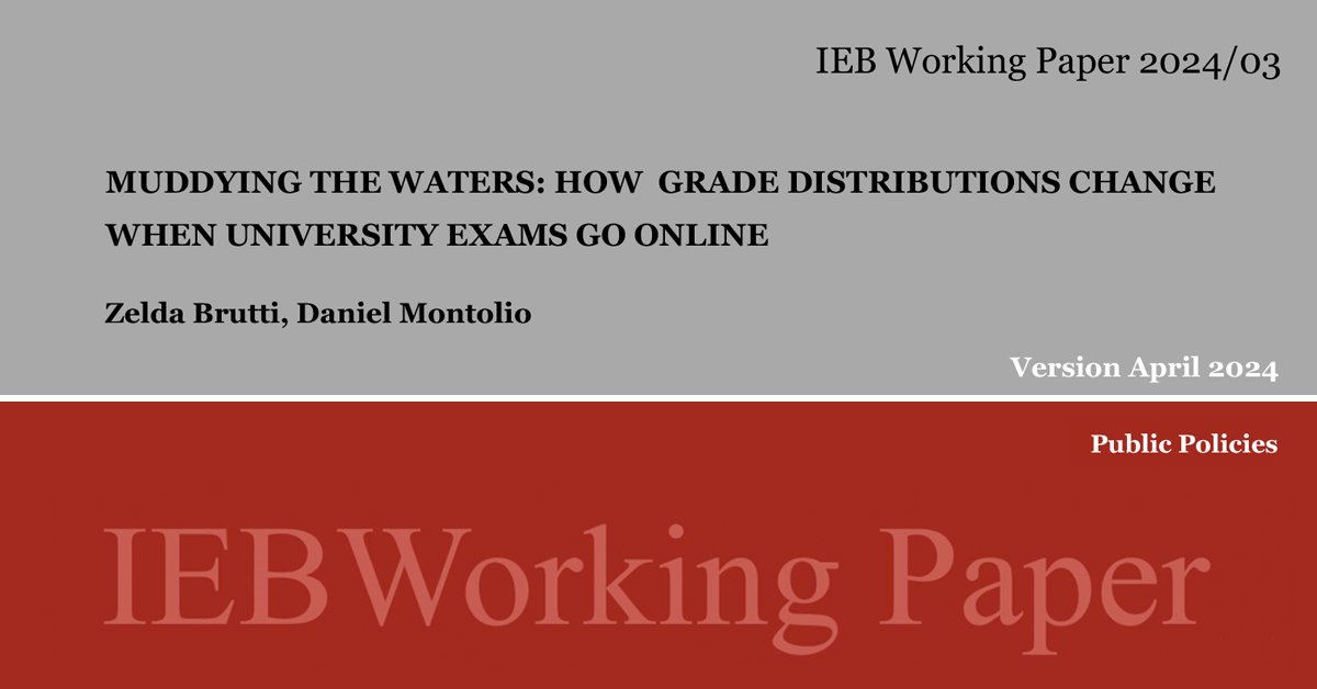 IEB (@fundacioieb) on Twitter photo 📃 IEB #WorkingPaper 3 on #PublicPolicies: "Muddying the waters: How grade distributions change when #university exams go online"
By ✍️ <a href="/BruttiZelda/">Zelda Brutti</a> & <a href="/D_Mont_/">Daniel Montolio</a>
Full text ➡️ i.mtr.cool/pffkqxjxac 📃 IEB #WorkingPaper 3 on #PublicPolicies: "Muddying the waters: How grade distributions change when #university exams go online"
By ✍️ <a href="/BruttiZelda/">Zelda Brutti</a> & <a href="/D_Mont_/">Daniel Montolio</a>
Full text ➡️ i.mtr.cool/pffkqxjxac