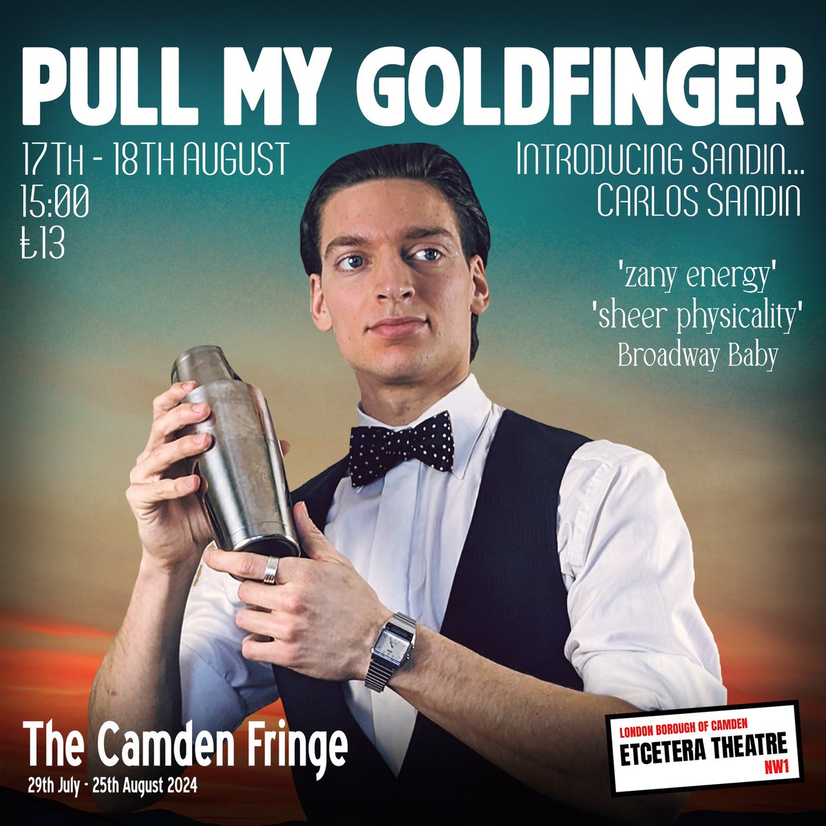 'Pull My Goldfinger' has one last stop <a href="/CamdenFringe/">Camden Fringe</a> this summer!
Your new improved 007 is on the horizon🔫
🎭<a href="/etceteratheatre/">Etcetera Theatre</a>🎭
🗓️17 - 18 August 15:00 🗓️
#solo #clown #debut #JamesBond #London #pubtheatre 
🎟️linktr.ee/carlosssandin🎟️
