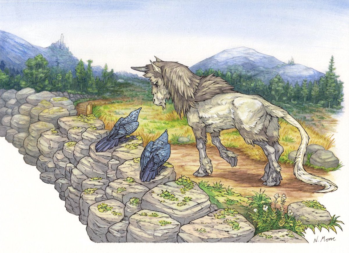 An older, scruffy unicorn on a solitary journey through some fields and forests. A couple of crows watch as he walks by.
 
A4 arches hot press paper.
Schmincke watercolours, coloured pencils, microns and postercolour highlights.