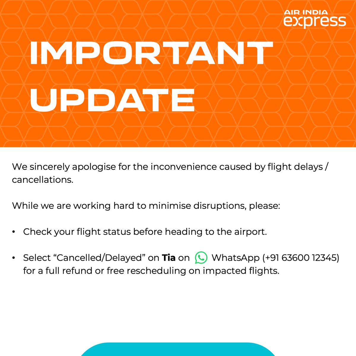 #ImportantUpdate We sincerely apologise for the inconvenience caused by unprecedented flight delays and cancellations. While we are working hard to minimise disruptions, please check your flight status before heading to the airport. If your flight is impacted, please reach out
