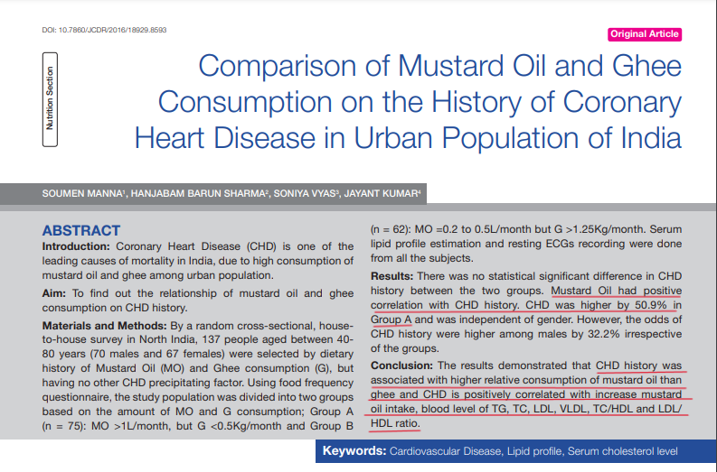 Mustard oil consumption was associated with a higher risk of coronary heart disease and abnormal lipid profile. This is an Indian study, and is of poor quality. We can not draw definite conclusions from this. Randomized controlled trials are the need of the hour. I hope they…
