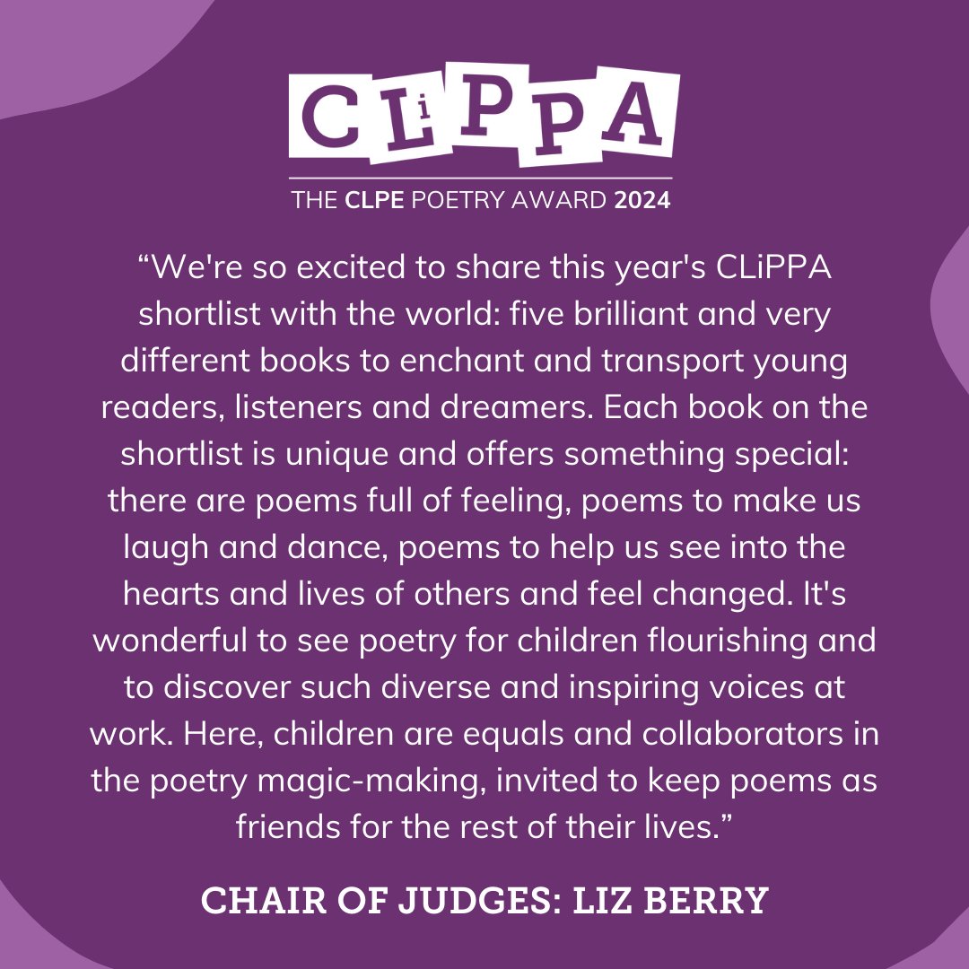 @MissLizBerry It's time for the #CLiPPA24 shortlisting event which includes poetry performances from all the shortlisted poets! Here’s what award-winning poet, author, and host of today’s event @MissLizBerry had to say about the shortlisted collections 👇👇