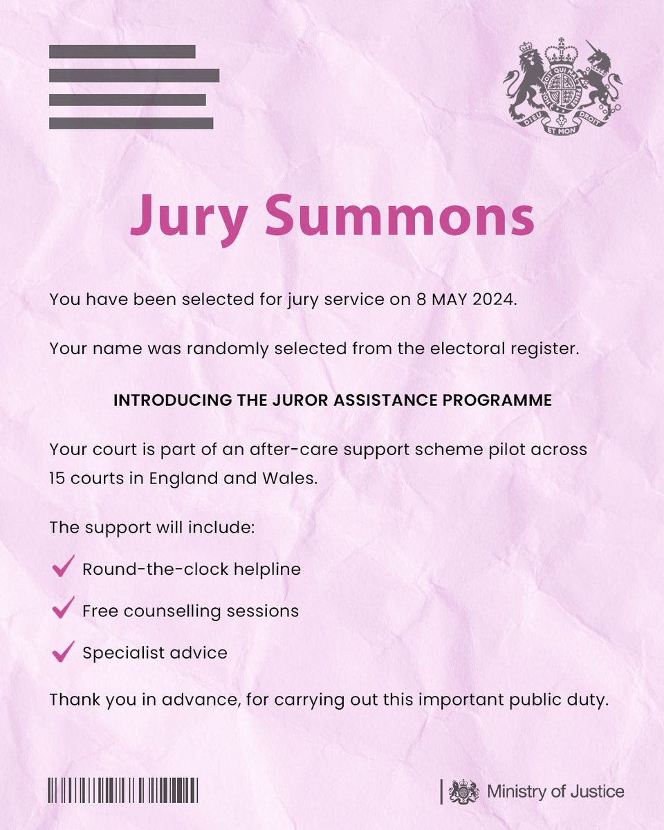 We’re introducing a pioneering after-care pilot to help jurors who may need support following difficult cases, such as the Lucy Letby trial. 

Jurors who hear disturbing evidence will have access to six free counselling sessions and enhanced support. 
gov.uk/government/new…