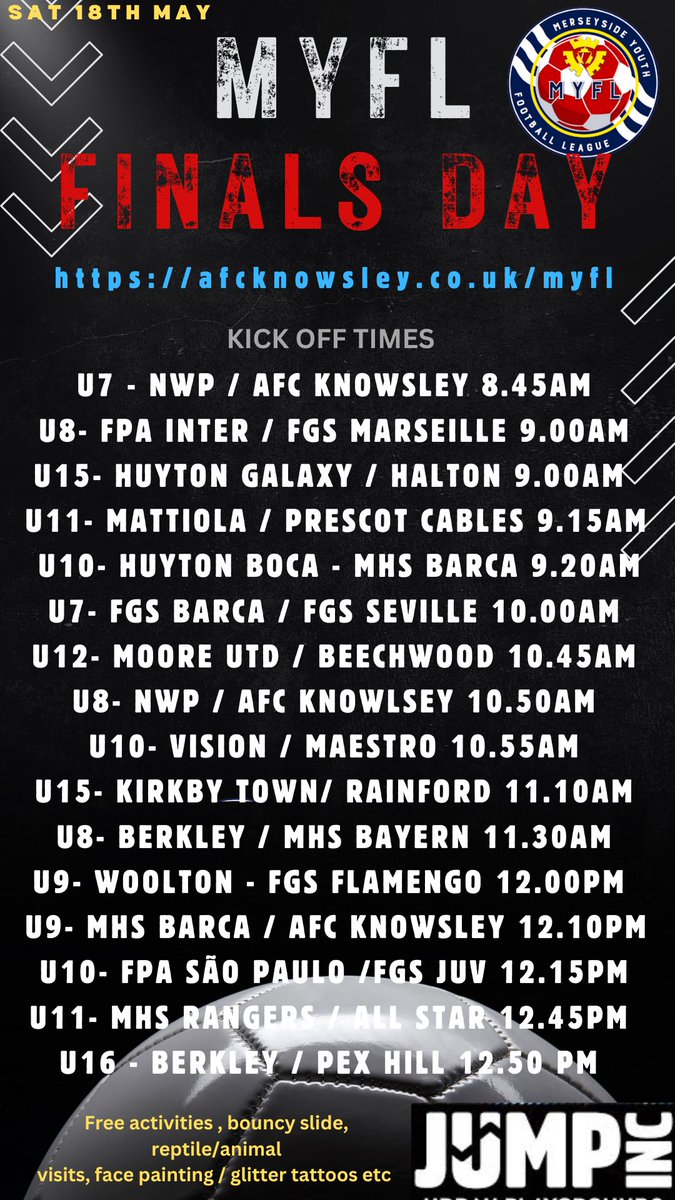 Finals day kick offs times confirmed @afc_knowsley ⚽️🏆 best of luck to all our teams. Free activities on the day inc bouncy slide / animal /reptile visit /face painting /glitter tattoos( £3 car park fee please don’t park on double yellows outside) #grassroots #finals #forthekids
