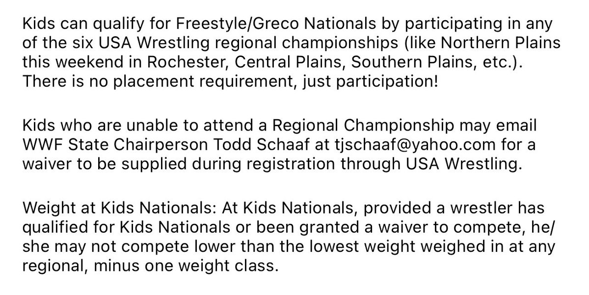 Kids Nationals will be June 27-30th in Cedar Rapids! Kids can qualify for FS/GR Nationals by participating in any of the USAW regional championships (like Northern Plains this weekend in Rochester) or by obtaining a waiver from our state chairperson. 🔗: bit.ly/3WxAOVr