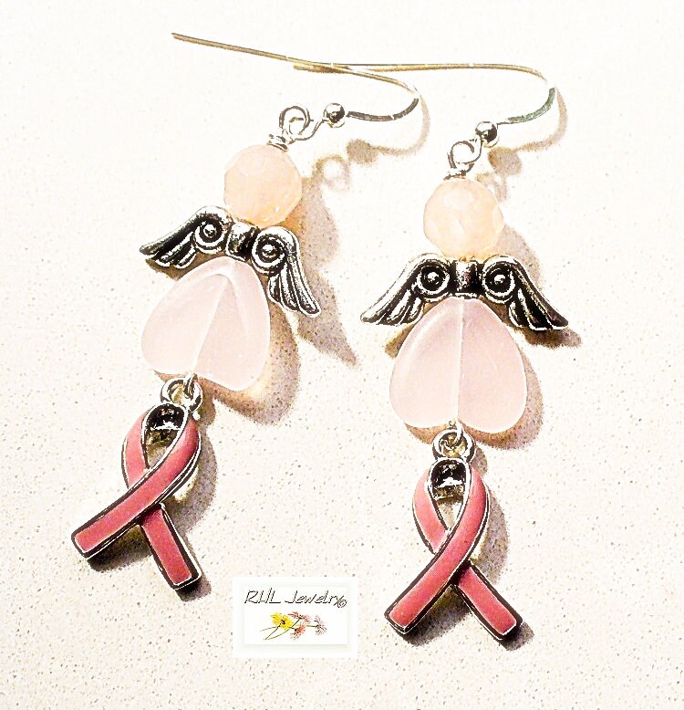 Rose Quartz Angel Earrings, Breast Cancer Ribbon Charm, Angel Lovers Gifts tuppu.net/6262eb22 ##chakra #etsygifts #BreastCancerRibbon