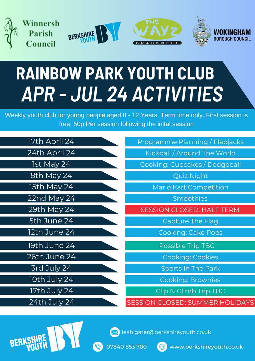 Rainbow Park Youth Club activities running for the rest of this term with @BerksYouth 

#winnersh #sindlesham