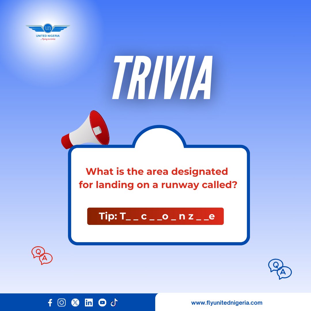 What is the surface on a runway allocated for aircraft landing called? Drop your top guess in the comments below!💃 #UnitedNigeriaAirlines #FlyUnitedNigeriaAirlines #FlyingToUnite #AMoreRewardingWayToFly #trivia #quiz #aviationlovers