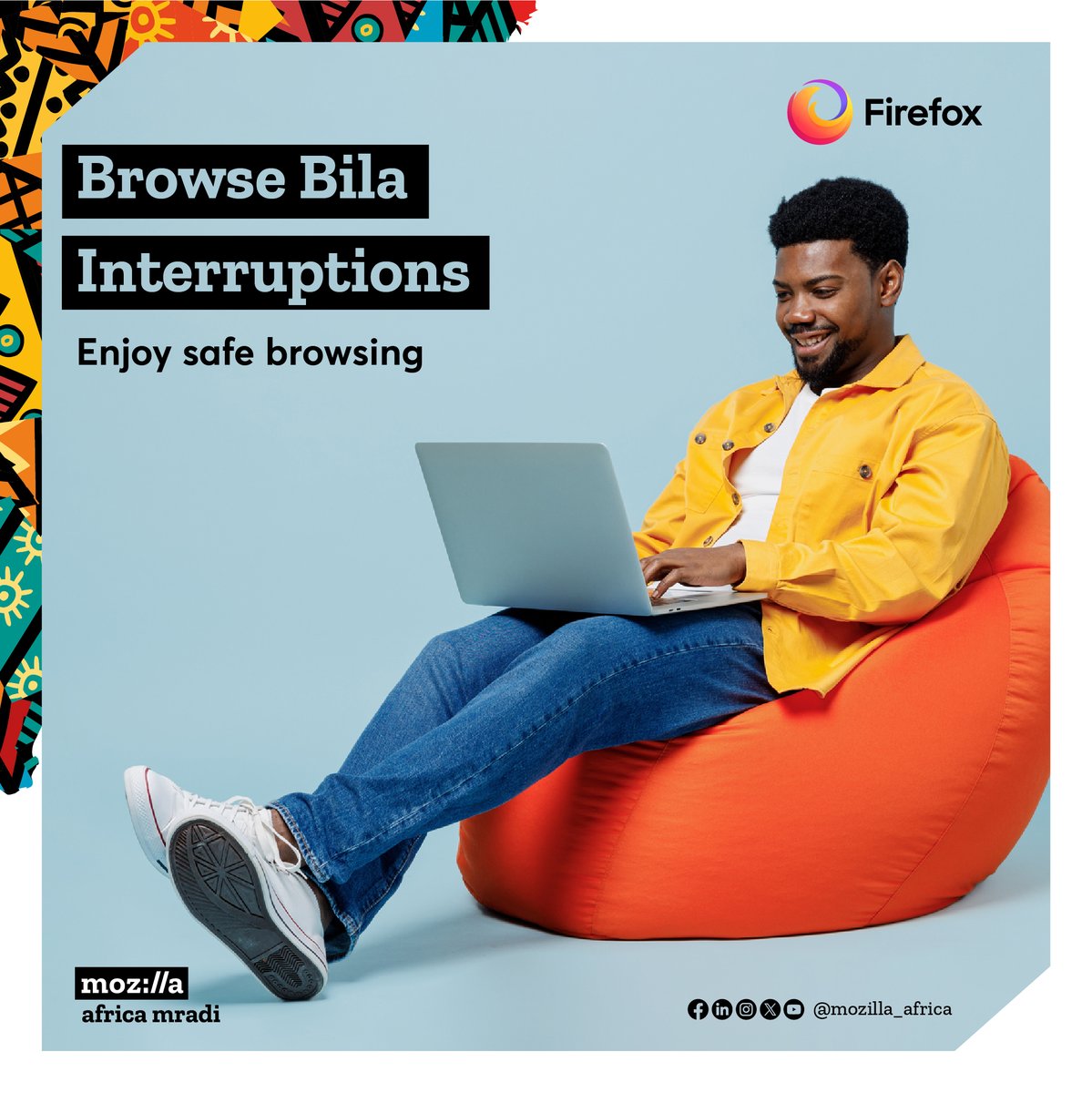 Tired of interruptions?

Discover exemplary built-in pop-up blocking features
and Focus on what matters.

Download Firefox na uenjoy browsing bila interruptions.

#MozillaAfricaMradi #Firefox #OnlineSafety