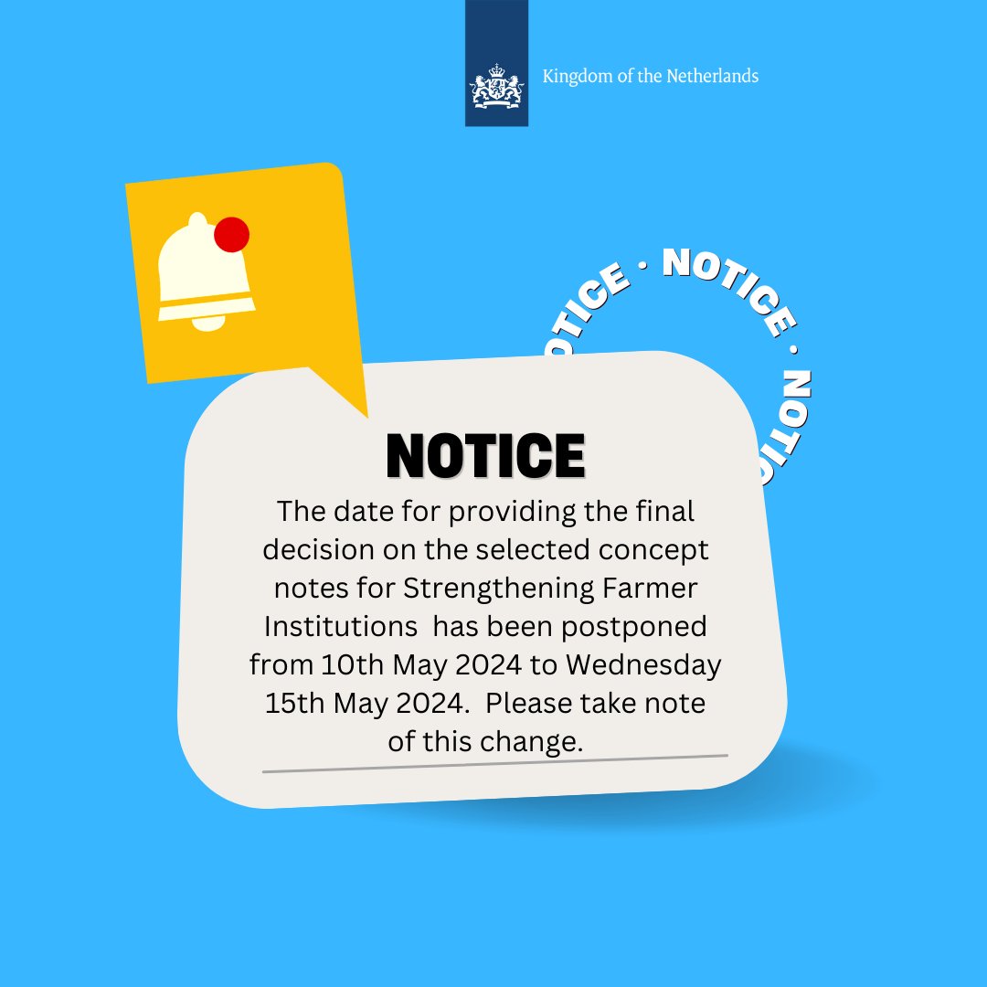 Notice: Thank you for submitting concept notes on 'Strengthening Farmer Institutions to become centers of service delivery'. Due to unforeseen circumstances, the date for providing a final decision on selected concept notes has been postponed from 10th May 2024 to Wed 15th May.