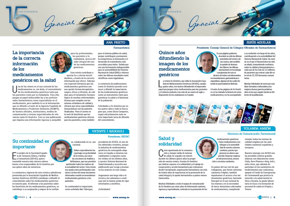 🎉¡Muchas felicidades a la revista @AESEG_genericos por #15Años de información rigurosa y especializada sobre #medicamentos #genéricos! 💚Gracias por cedernos un espacio junto a @PresidenteCGCOF, Vicente Baixauli de @SEFAC_aldia y @anaprietonieto aeseg.es/revista_en_gen…