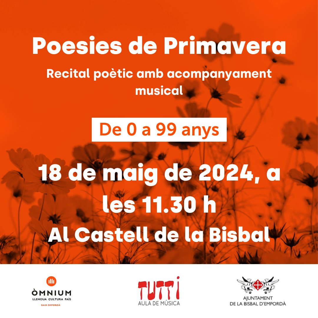 OmniumBaixEmp's tweet photo. 🌸 Poesies de Primavera - Recital poètic amb acompanyament musical

📅 Dissabte 18 de maig de 2024
🕓 A les 11.30 h
📍 Al Castell de la Bisbal

T'hi esperem! https://t.co/ts41CaRNgY
