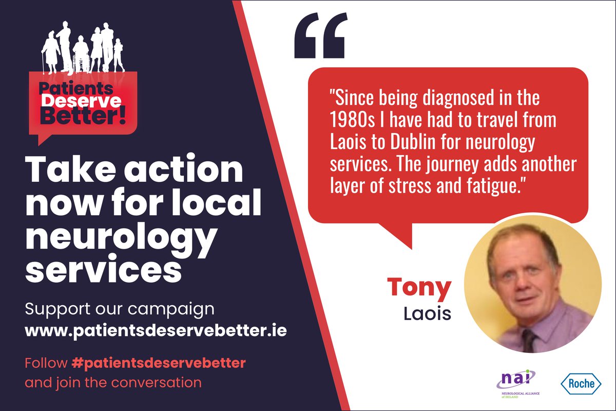 'Since being diagnosed in the 1980's, I have had to travel from Laois to Dublin for neurology services' Access should not depend on where you live. On May 20th NAI are calling for a dedicated Neurologist for Midland Regional Hospital Portlaoise. Register tinyurl.com/38bvz87k