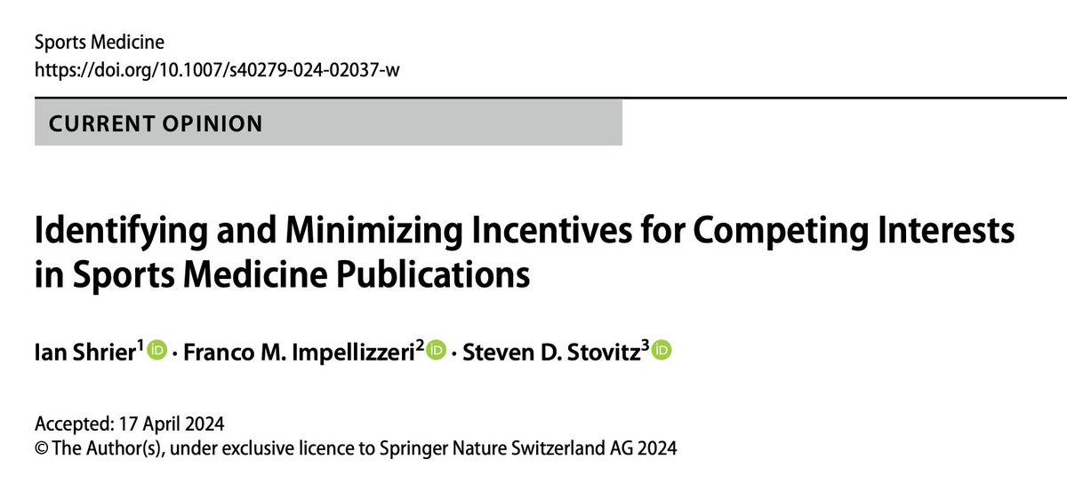 Read the new article in @SportsMedicineJ from @francoimpell, with colleagues @IanShrier & @StevenStovitz, in which they lay out the issue of competing interests in publishing, along with opportunities to mitigate these issues to promote better science. rdcu.be/dHhPd