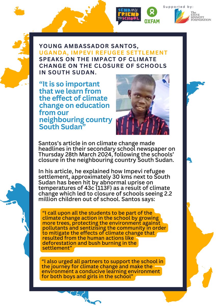 Young Ambassador Santos @OxfaminUganda article on climate change made headlines in his secondary school news, following school closures in the neighbouring country South Sudan. 🌏📚 #LetMyFriendsLearn @talphil2005 @OxfamEducation @SSFoundation