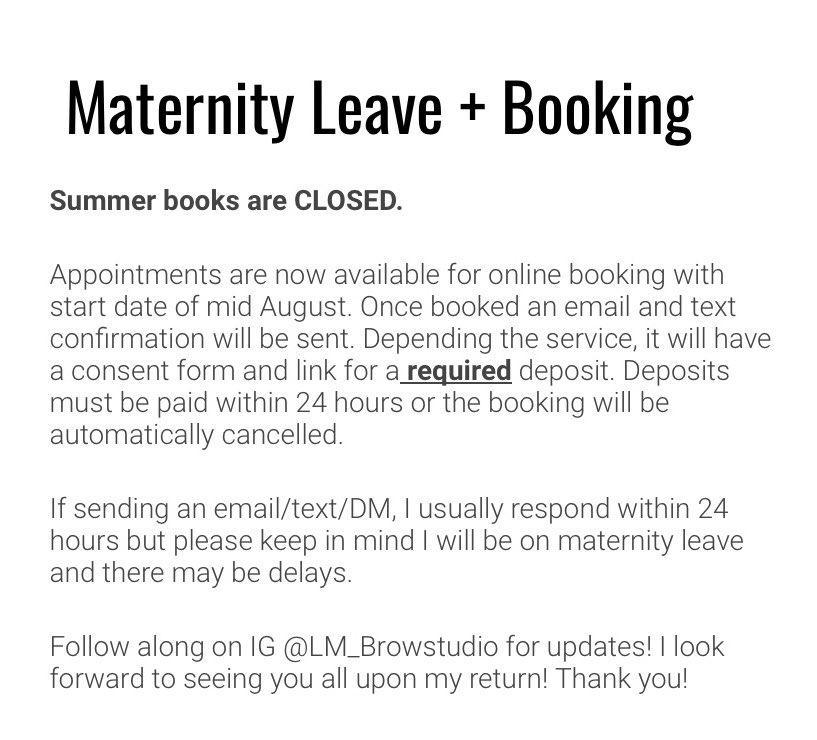 The time has come, starting 5/10-8/6 I’ll be on #maternityleave Summer books are CLOSED.

Our family is excited for our little girls arrival in the coming weeks! TY for all the love, support & showering w/gifts. I’m so thankful for my clients!

xo, LM