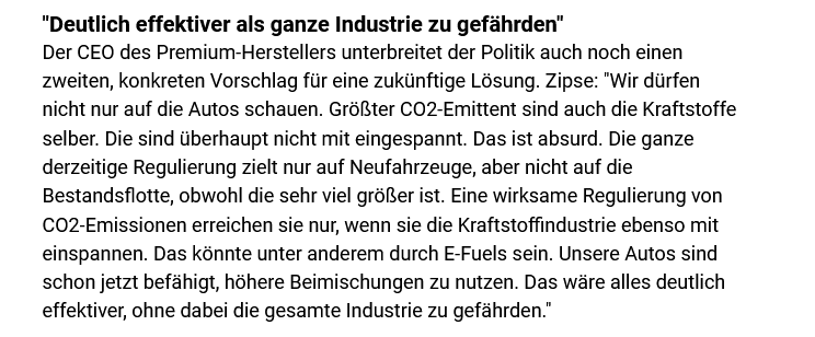 #Zipse, #BMW: 'Eine wirksame Regulierung von CO2-Emissionen erreichen sie nur, wenn sie die Kraftstoffindustrie mit einspannen. Das könnte unter anderem durch E-Fuels sein. Das wäre alles deutlich effektiver, ohne dabei die gesamte Industrie zu gefährden.' automobilwoche.de/autohersteller…