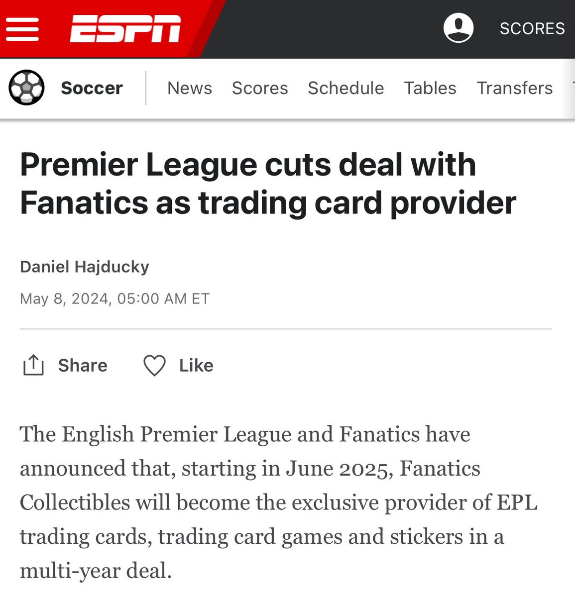 𝗕𝗥𝗘𝗔𝗞𝗜𝗡𝗚: Fanatics Collectibles is partnering with the Premier League on a multi-year exclusive deal for trading cards, TCGs, and stickers. For the first time since 2018/19, Topps x Premier League cards will be available for the 2025/26 season.