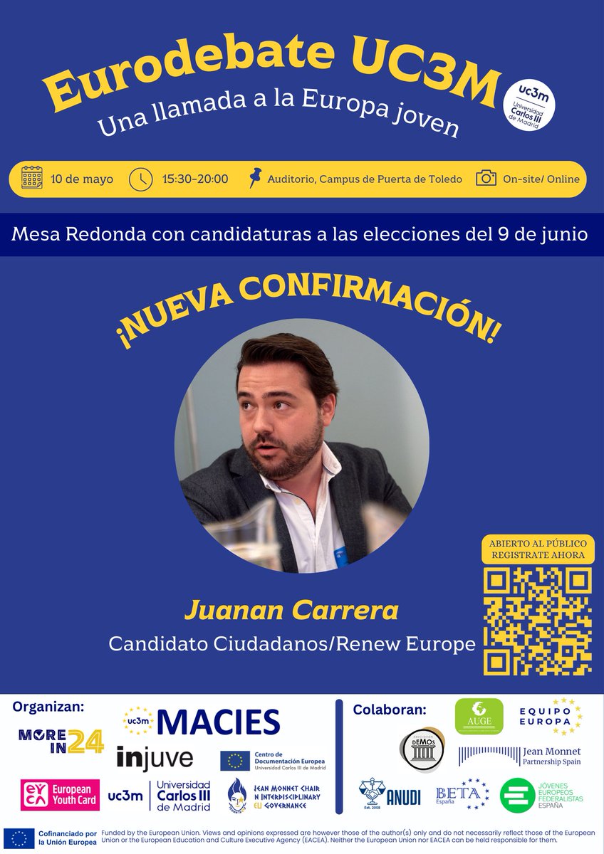 🚨🇪🇺 En representación de <a href="/CiudadanosCs/">Ciudadanos 🇪🇸🇪🇺</a> para el #EuroDebateUC3M <a href="/uc3m/">UC3M</a> <a href="/InjuveSpain/">Injuve</a> tendremos a <a href="/Juanan87/">Juanan Carrera</a>
Registro para el Eurodebate en el siguiente link:
forms.gle/iYXTBhxWCsFQbV…