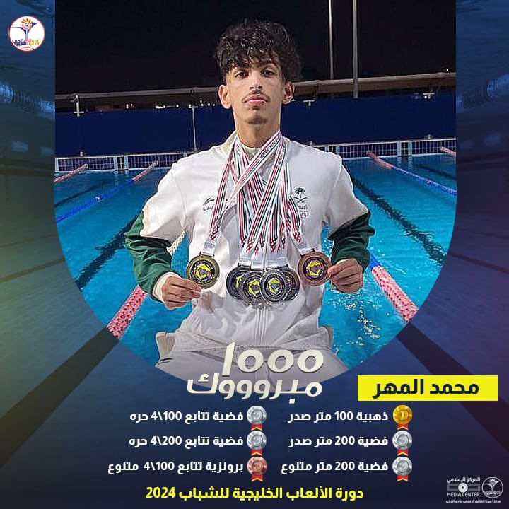 🏊‍♂️|| البطل محمد المهر ينتزع 6 ميداليات في بطولة الألعاب الخليجية للشباب . 

#نادي_الترجي❤️💙💛