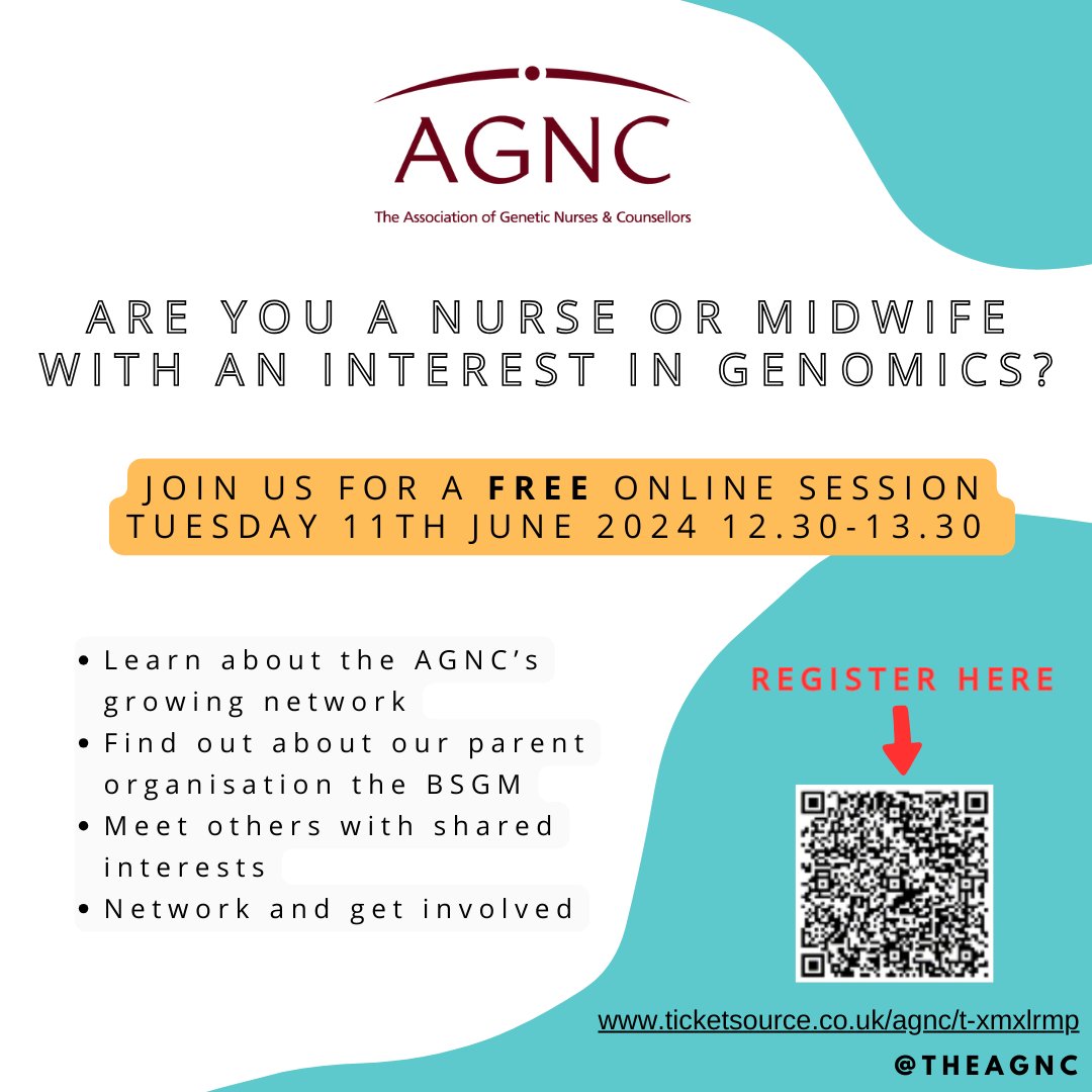 We're excited to share this *free* event open to all nurses and midwives with an interest in genomics. Make sure you register here now: ticketsource.co.uk/agnc/t-xmxlrmp @BritSocGenMed @UKCGG #GeneChat #genomics