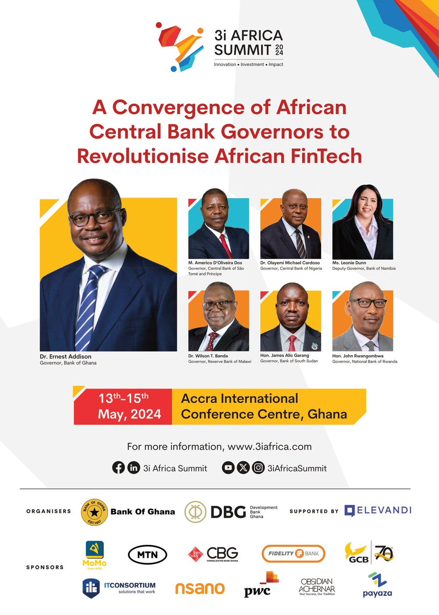 African Central Bank Governors convene at the 3i Africa Summit, uniting regulators, industry leaders, businesses, innovators, and more. Register here: lnkd.in/gKYwApUC to save your spot. #3iAfricaSummit #3iAfricasummit2024 #centralbank #innovation #investment #impact