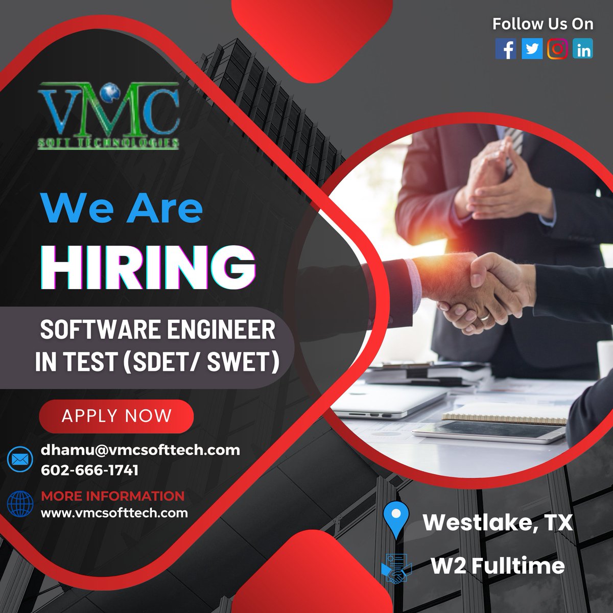VMC Soft Technologies looking for a Software engineer in test in westlake,TX Job Title: Software engineer in test Locations: westlake,TX Contract: W2 Full-Time For more details: dhamu@vmcsofttech.com/ 602-666-1741 ...... Apply Now: vmcsofttech.com/careers/ #softwaretesting