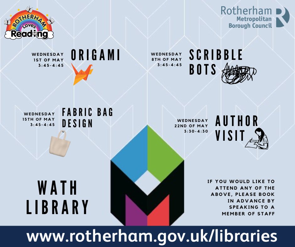 We have an exciting mix of activities for Mays Makerspace. Come and join in learning how to draw with Liz Million an amazing illustrator and author. Book in for this months Makerspace sessions at Wath Library contact us on 01709 873542 or email wath.library@rotherham.gov.uk.