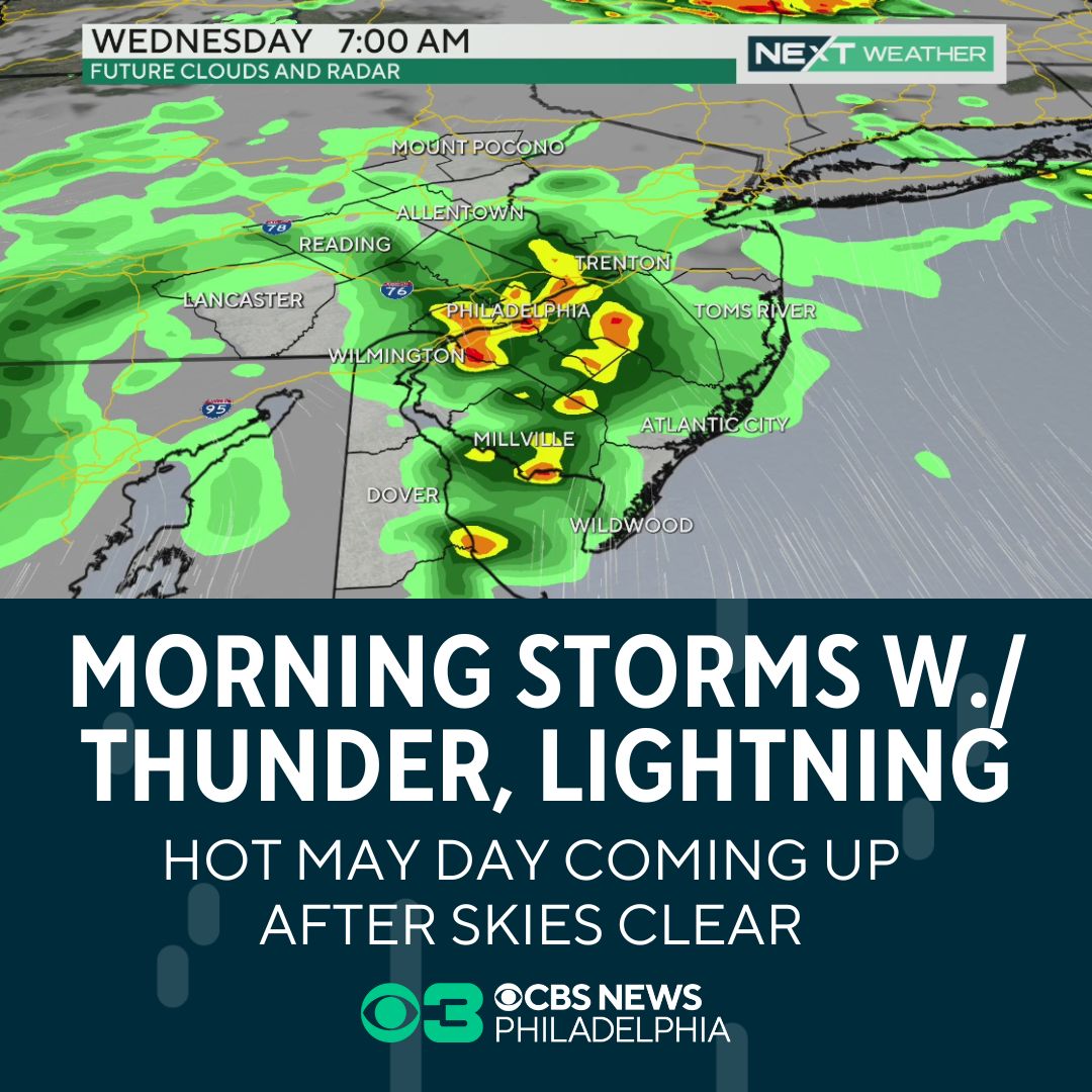 CBSPhiladelphia's tweet photo. A quick-moving storm system is bringing thunder, lightning and downpours to the Philadelphia region early Wednesday morning. Expect this to arrive in Philadelphia and the South Jersey suburbs by around 7 a.m. - then quickly clear. #PAwx #weather #phillyweather https://t.co/E3pHyzqm3j
