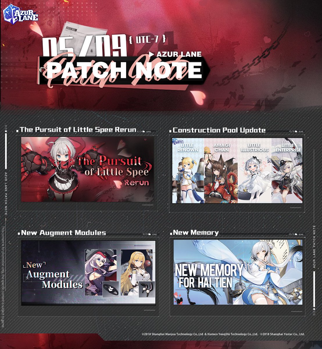 Dear Commander, Headquarters will carry out maintenance on 5/9, 12:00 A.M. (UTC-7) for approximately 6 hours. Highlights of the upcoming version are shown below. For detailed information, please check our website: azurlane.yo-star.com/news/2024/05/0… #AzurLane #Yostar